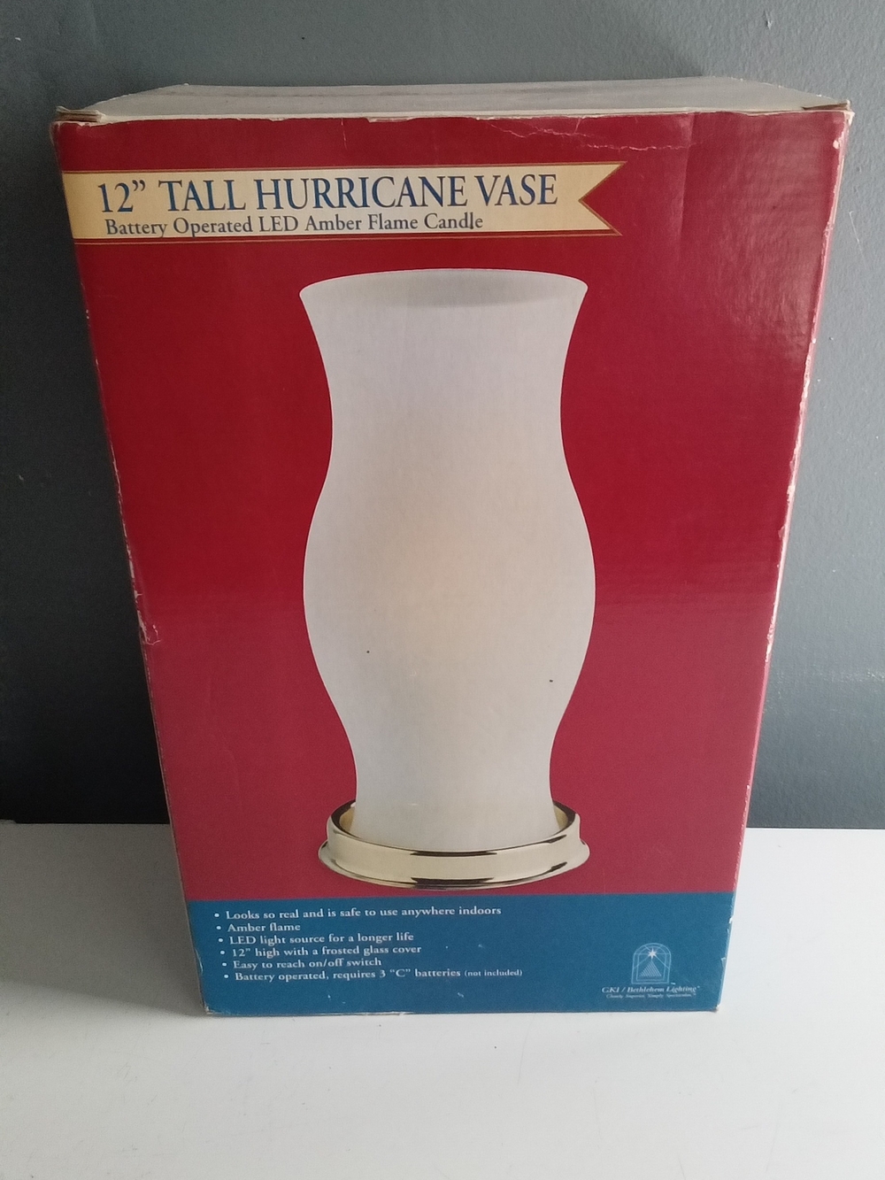 12" Tall Amber Glass Hurricane Vase with LED Flame - Unbranded